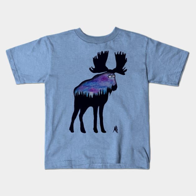 Forest Sky Hipster Moose Kids T-Shirt by BrederWorks